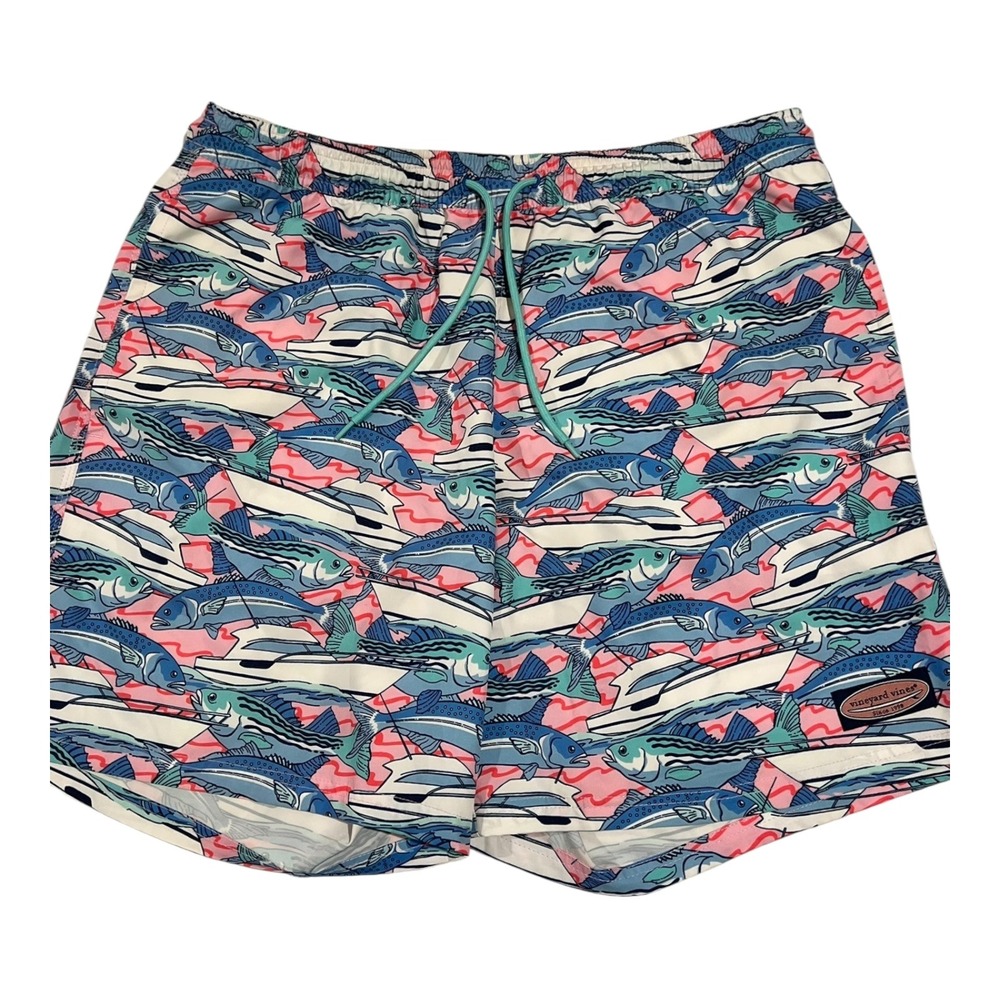 Vineyard Vines Men's L Swim Trunks Fish Print Drawstring‎ Lined Pockets Blue